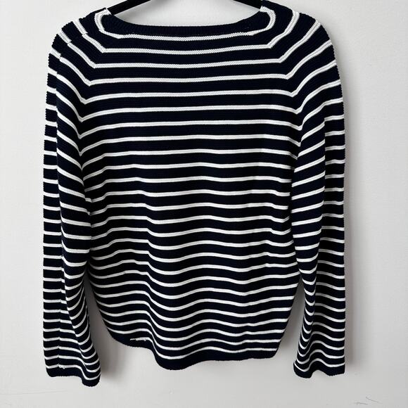 Uniqlo Navy and White Long Sleeved Nautical Stripe V Neck Sweater Medium - Picture 2 of 7